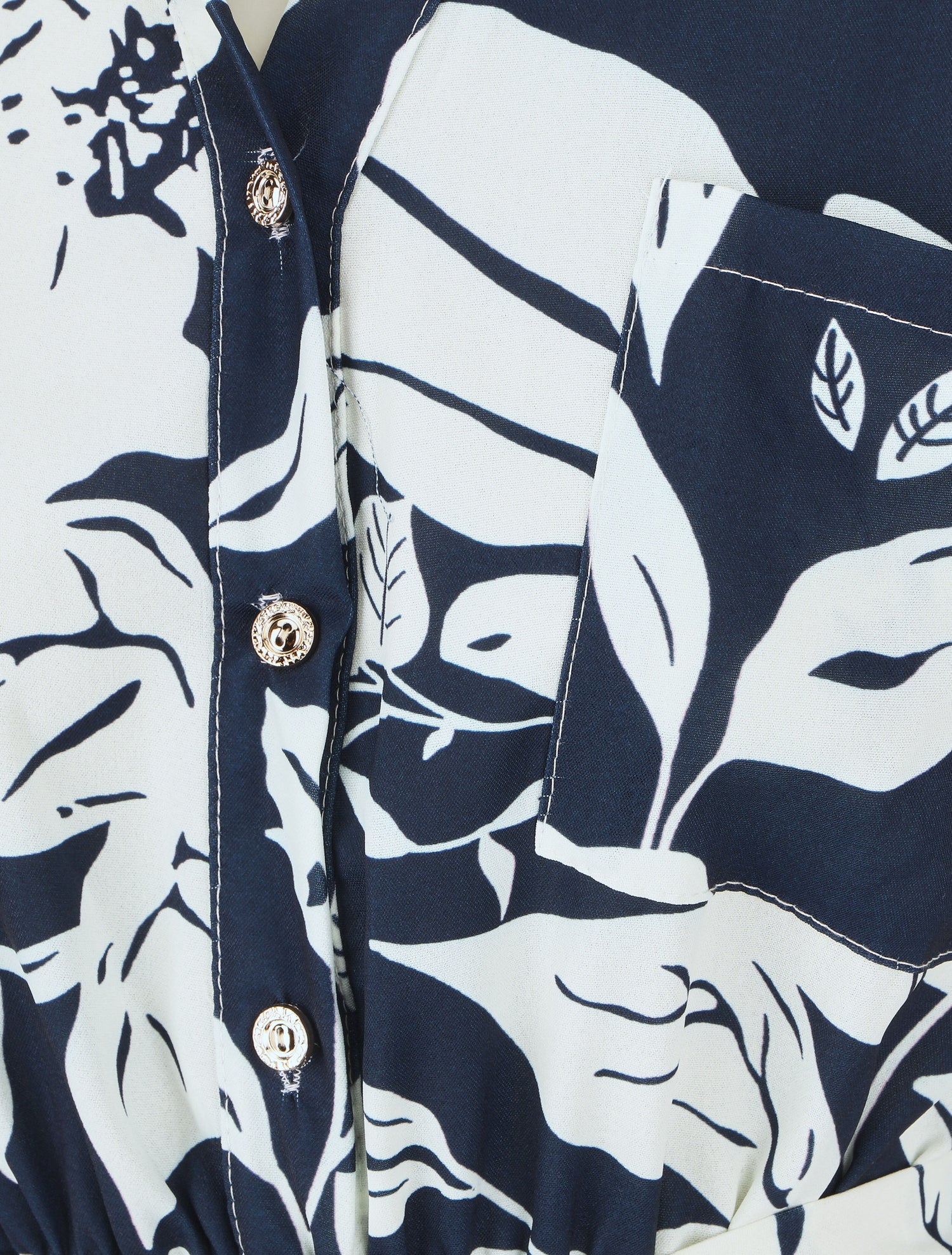 Robe longue élastiquée imprimé feuilles - Marine - 3