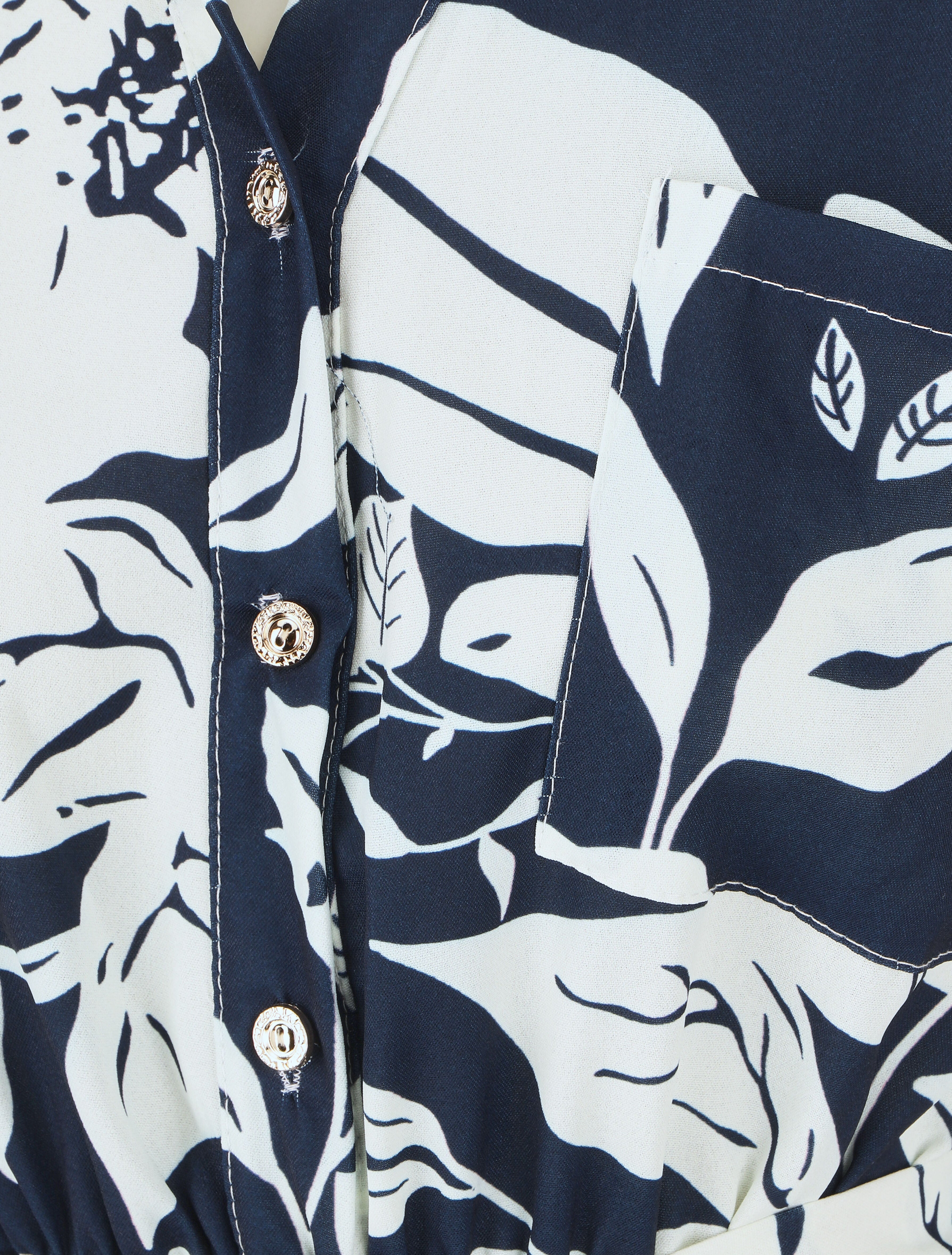 Robe longue élastiquée imprimé feuilles - Marine - 3
