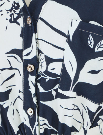 Robe longue élastiquée imprimé feuilles - Marine - 3