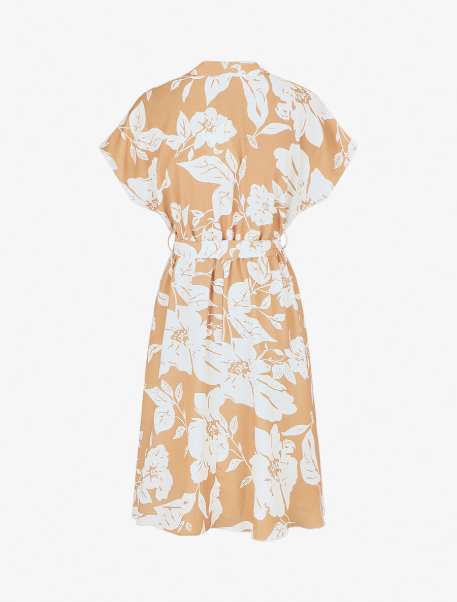 Robe longue élastiquée imprimé feuilles - Camel - 2