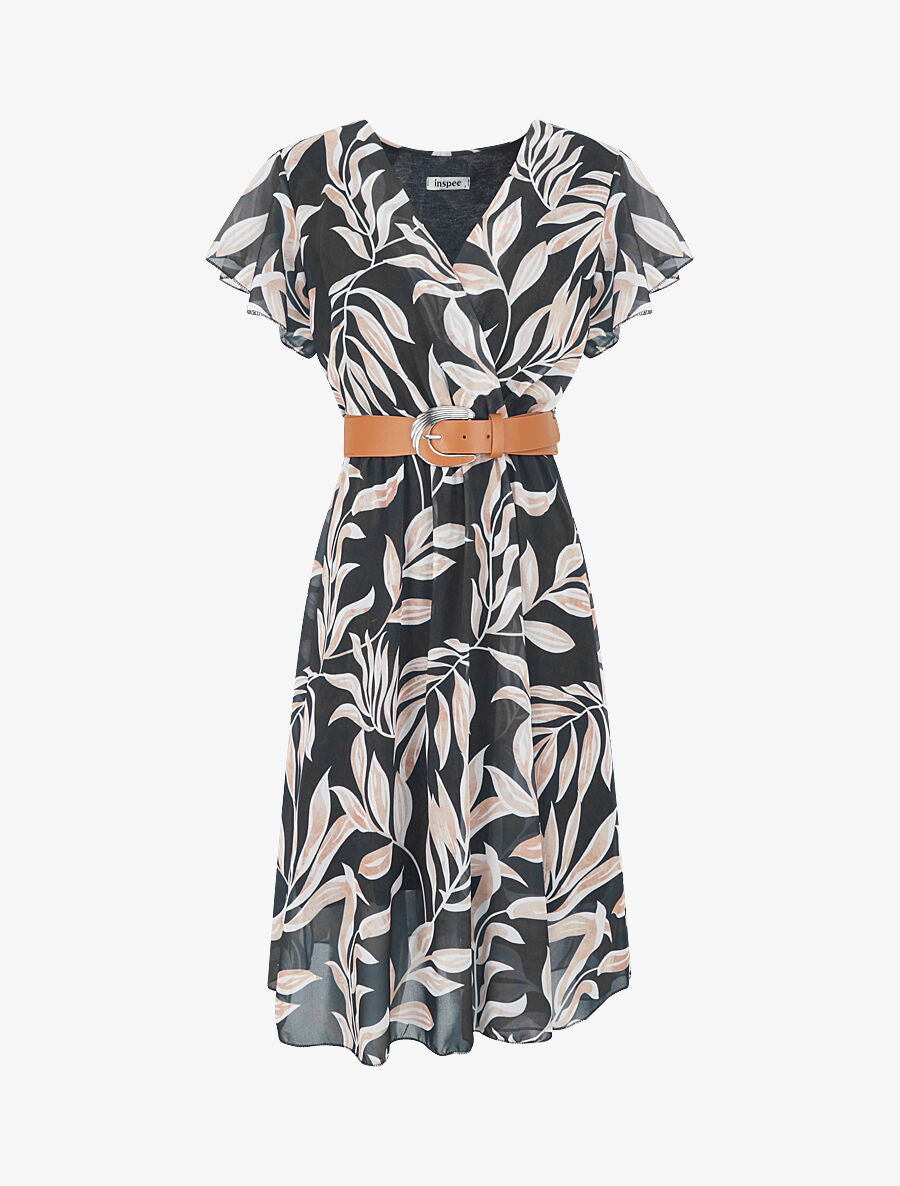 Robe longue élastiquée imprimé feuilles - Noir - 1
