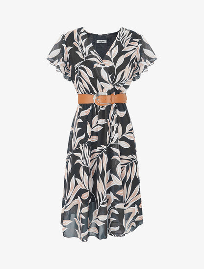 Robe longue élastiquée imprimé feuilles - Noir - 1