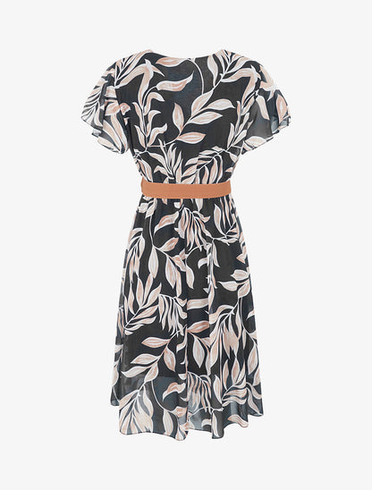 Robe longue élastiquée imprimé feuilles - Noir - 2