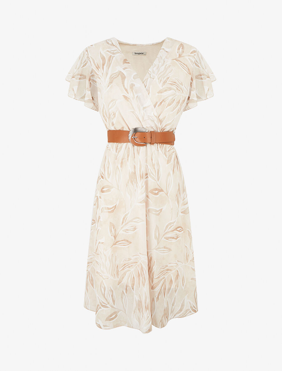 Robe longue élastiquée imprimé feuilles - Beige - 1