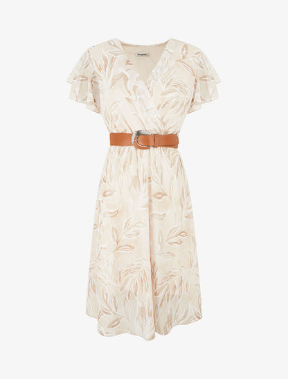 Robe longue élastiquée imprimé feuilles - Beige - 1