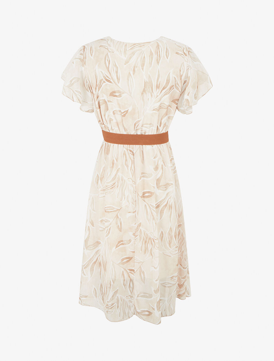 Robe longue élastiquée imprimé feuilles - Beige - 2