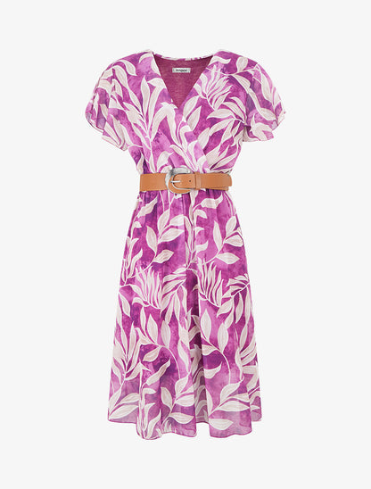 Robe longue élastiquée imprimé feuilles - Violine - 4