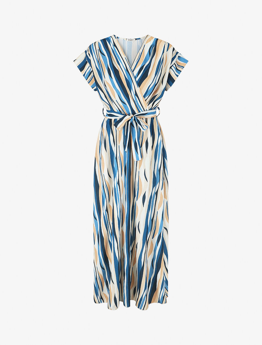 Robe longue imprimé abstrait à col cache-coeur - Bleu - 5