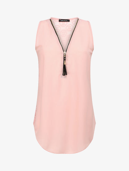 Top droit uni à dos en dentelle - Rose pâle - 4
