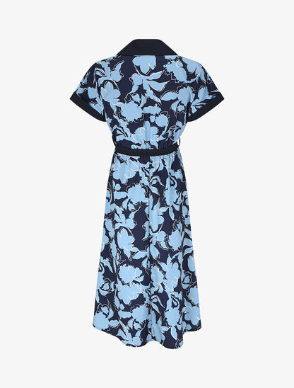 Robe longue élastiquée à imprimé floral - Marine - 2