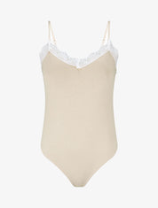 Body uni à bretelles et col V dentelle - Beige - 1