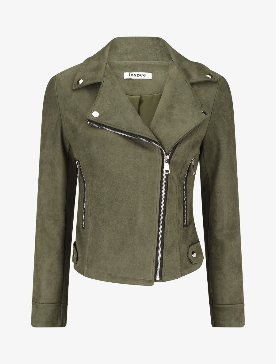 Veste en suédine à zips décoratifs et fermeture zippée - Kaki - 4