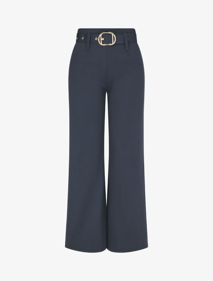 Pantalon uni ceinturé - Marine - 1
