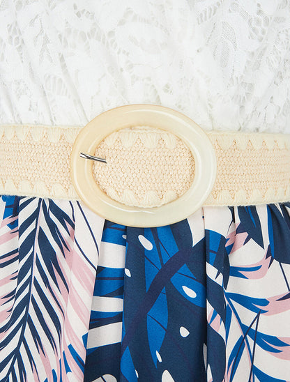 Robe mi-longue à jupe imprimé tropical - Marine - 3