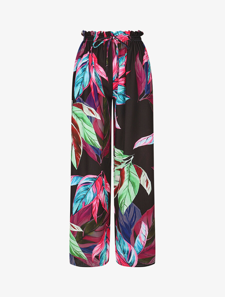 Pantalon ample taille haute imprimé feuilles - Noir - 1