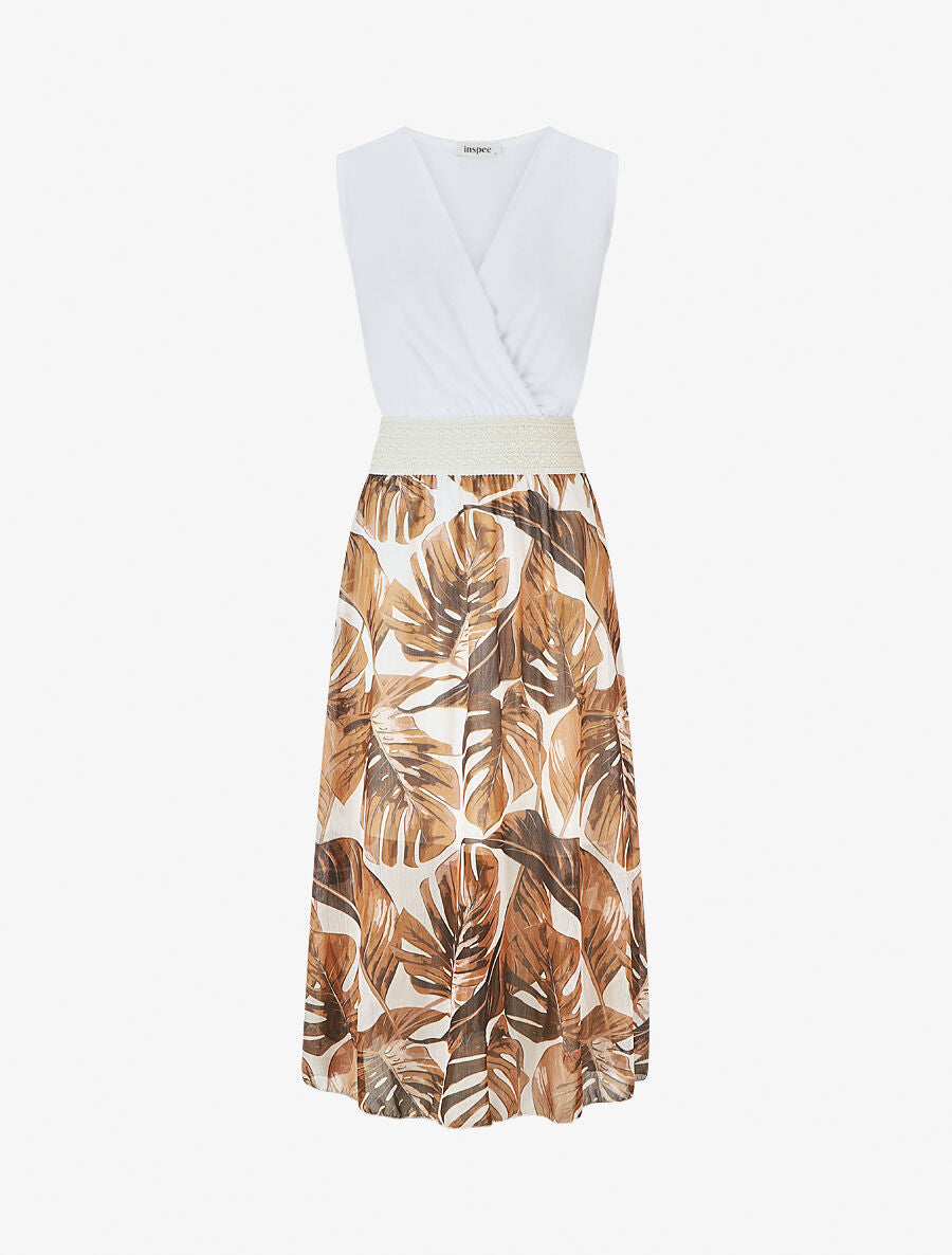 Robe longue bi-matière sans manches imprimé tropique - Blanc - 4
