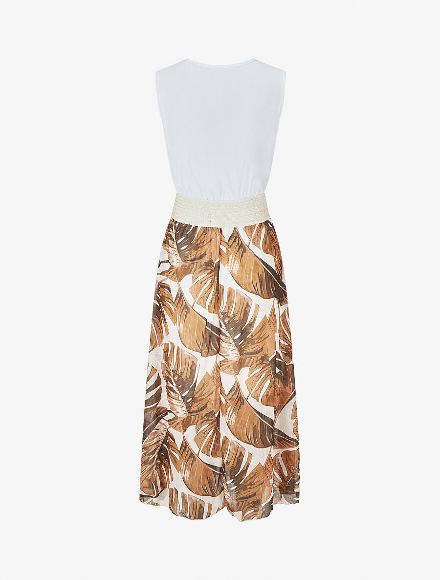 Robe longue bi-matière sans manches imprimé tropique - Blanc - 2