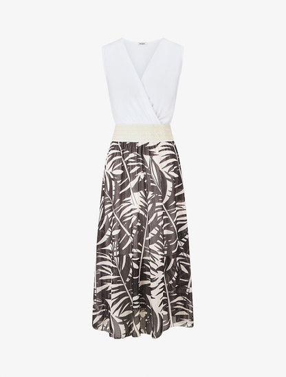 Robe longue bi-matière sans manches imprimé végétal - Noir - 1