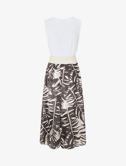 Robe longue bi-matière sans manches imprimé végétal - Noir - 2