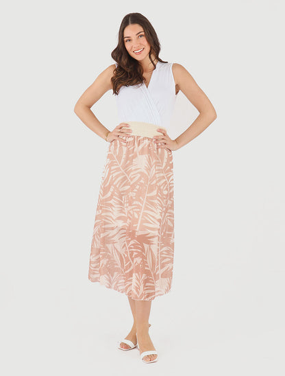 Robe longue bi-matière sans manches imprimé végétal - Beige - 4
