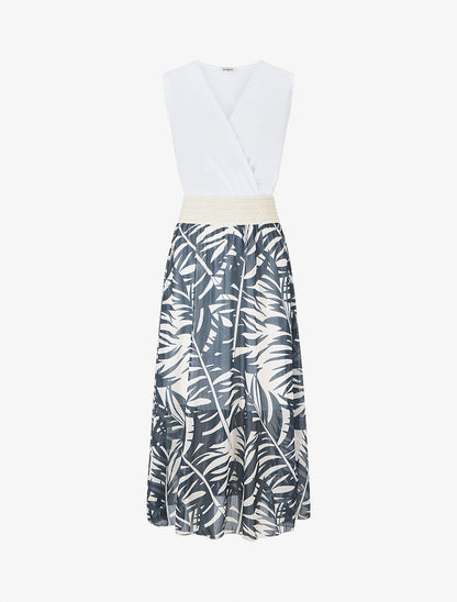 Robe longue bi-matière sans manches imprimé végétal - Marine - 5