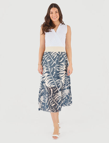Robe longue bi-matière sans manches imprimé végétal - Marine - 4