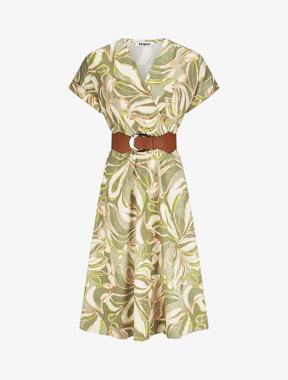 Robe longue évasée imprimé fleurs abstraites - Vert - 1