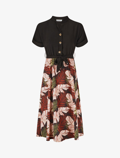 Robe midi manches courtes motif tropical - Noir - 1