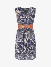 Robe élastiquée sans manches imprimé feuillage irisé - Marine - 5