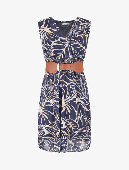 Robe élastiquée sans manches imprimé feuillage irisé - Marine - 5