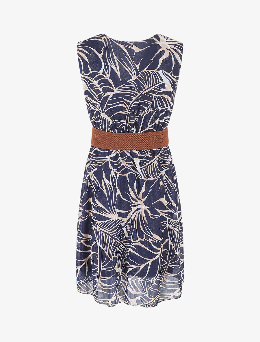 Robe élastiquée sans manches imprimé feuillage irisé - Marine - 2