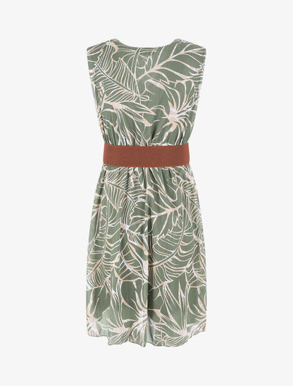 Robe élastiquée sans manches imprimé feuillage irisé - Kaki - 2