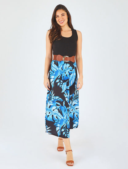 Robe longue évasée bi-matière imprimé tropical - Bleu - 4