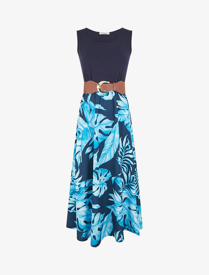 Robe longue évasée bi-matière imprimé tropical - Marine - 5