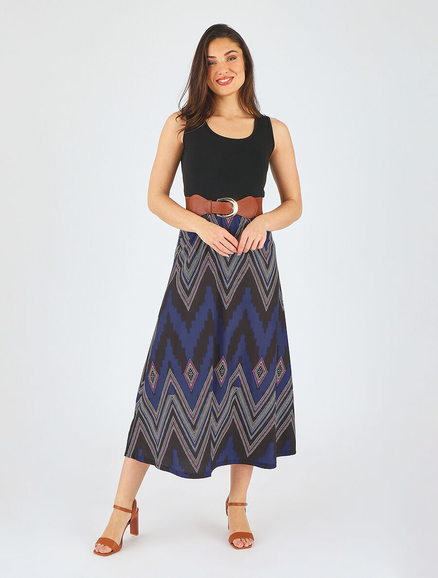 Robe longue évasée bi-matière imprimé graphique - Marine - 4