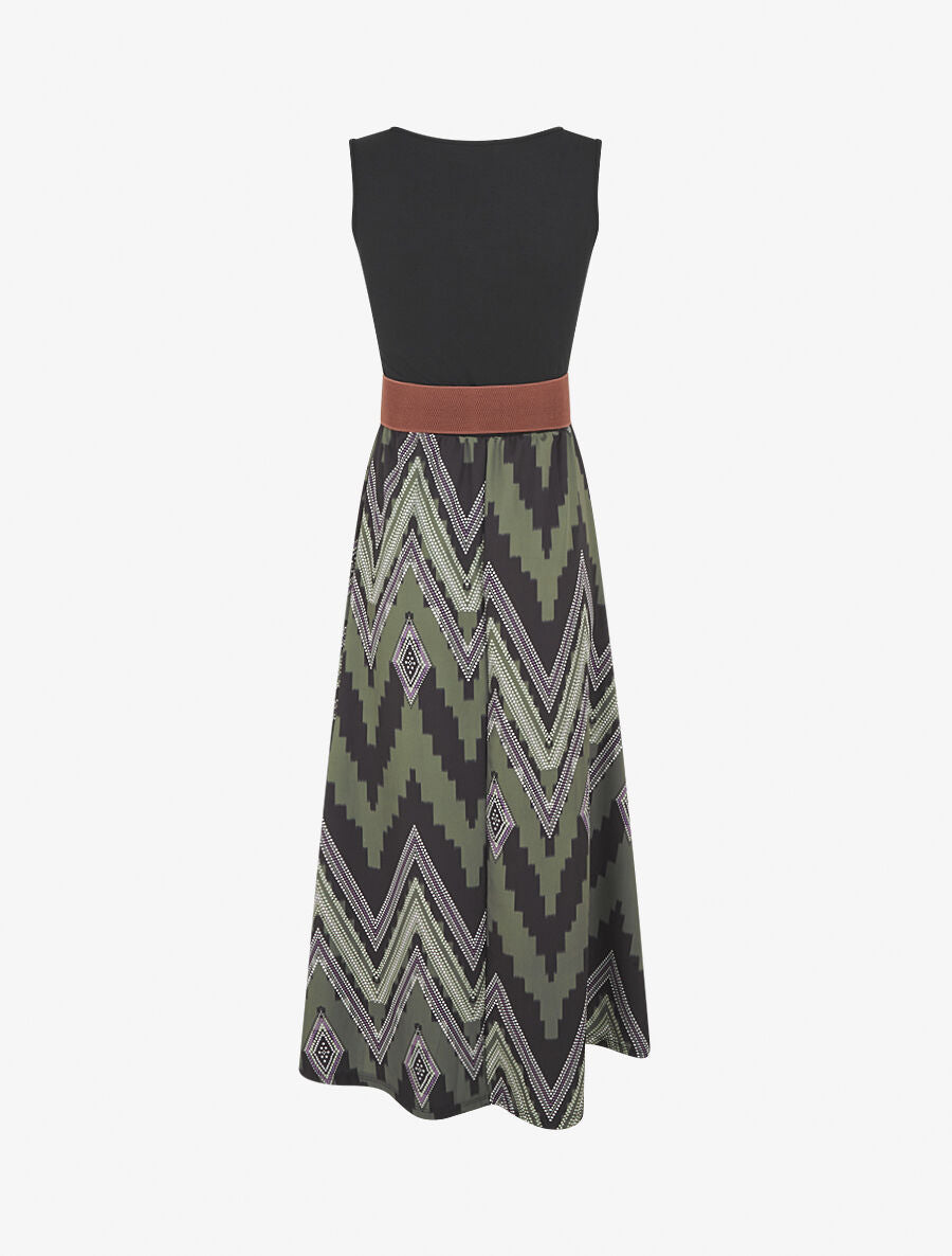 Robe longue évasée bi-matière imprimé graphique - Kaki - 2