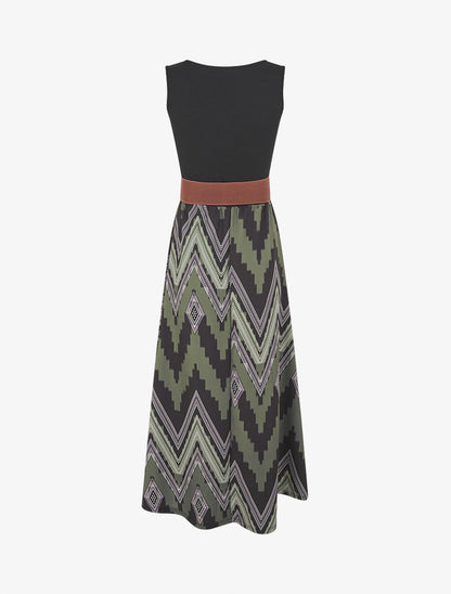 Robe longue évasée bi-matière imprimé graphique - Kaki - 2