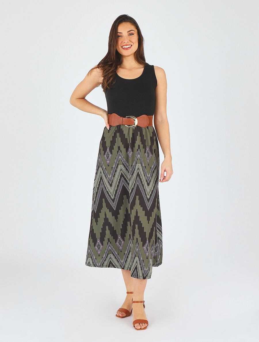 Robe longue évasée bi-matière imprimé graphique - Kaki - 4