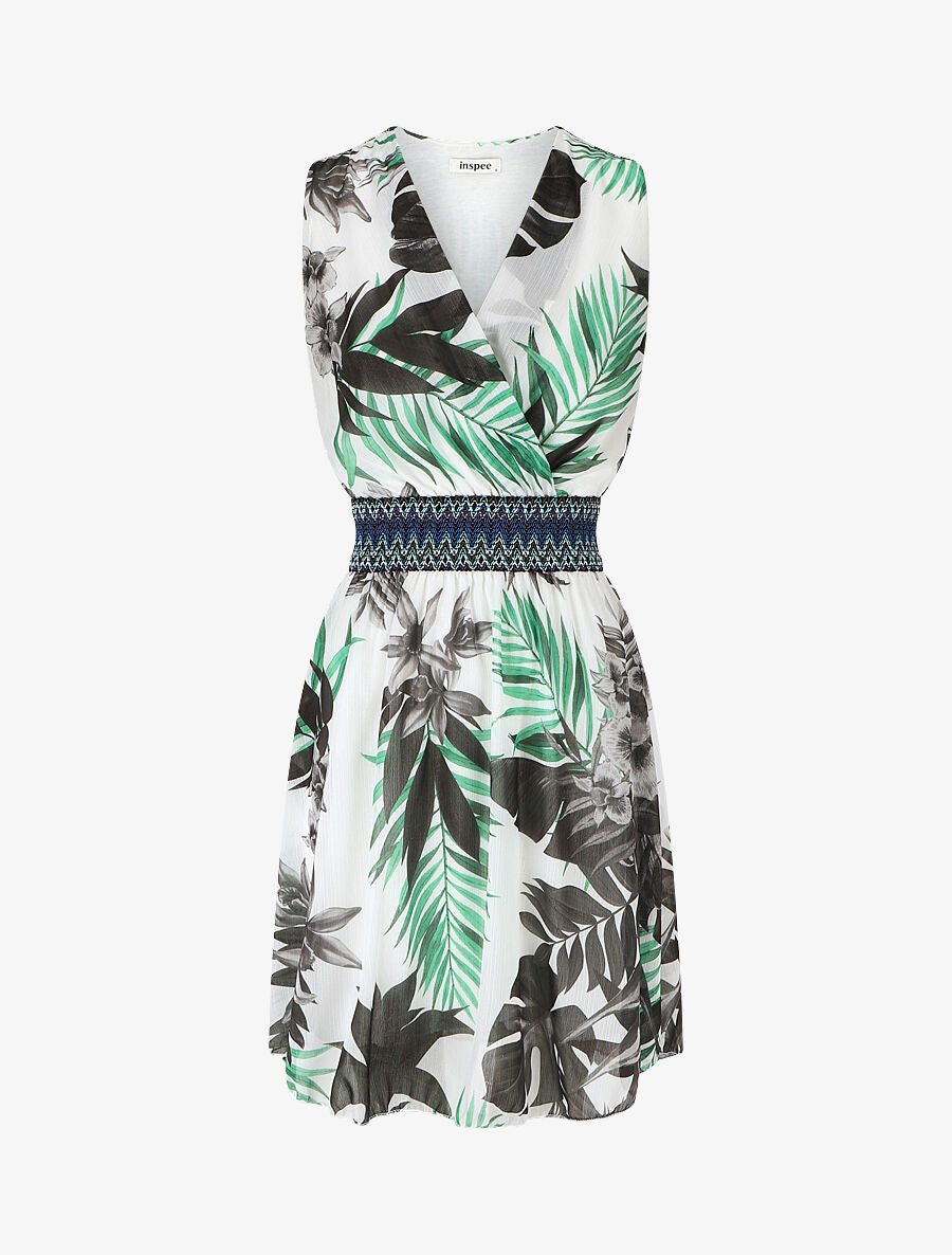 Robe mi-longue sans manches irisée motif tropical - Noir - 4