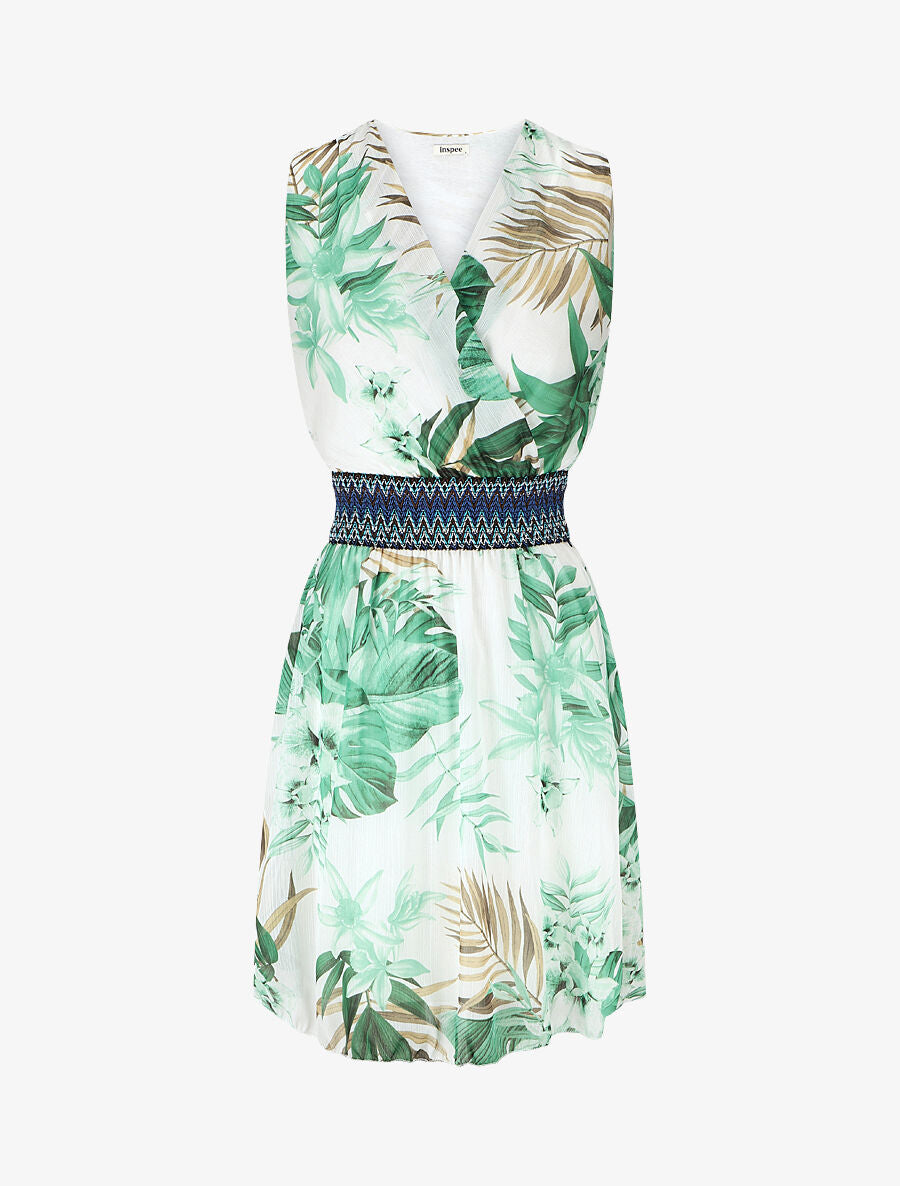 Robe mi-longue sans manches irisée motif tropical - Vert - 4