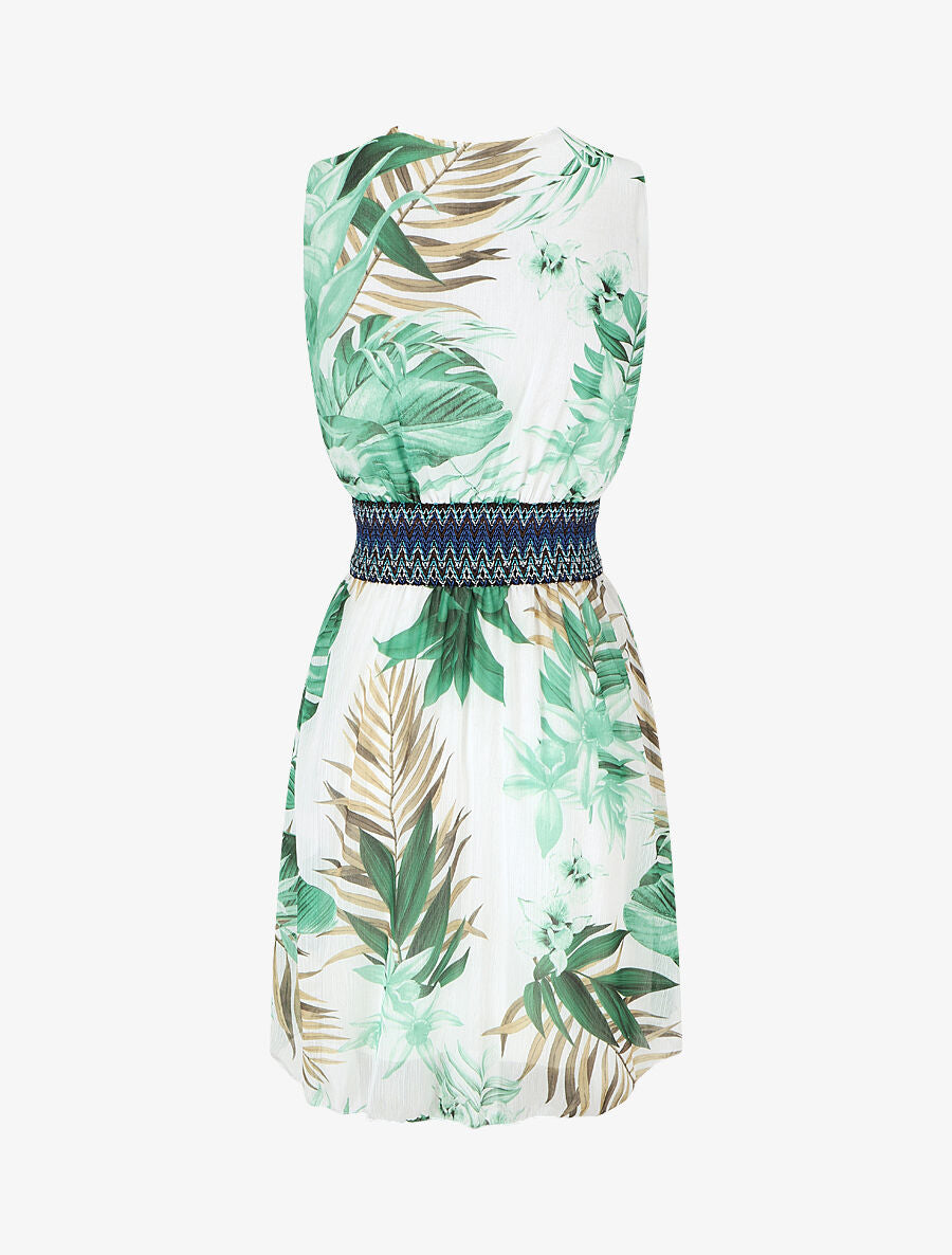 Robe mi-longue sans manches irisée motif tropical - Vert - 2