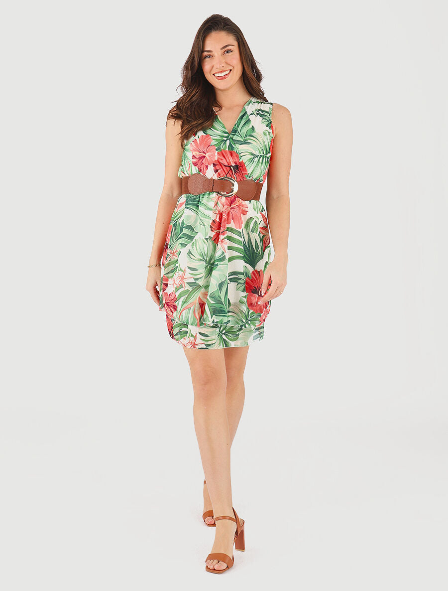 Robe élastiquée sans manches imprimé tropical - Vert - 4