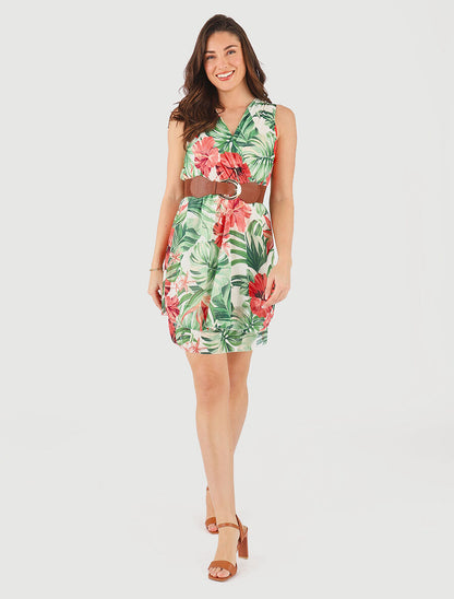 Robe élastiquée sans manches imprimé tropical - Vert - 4