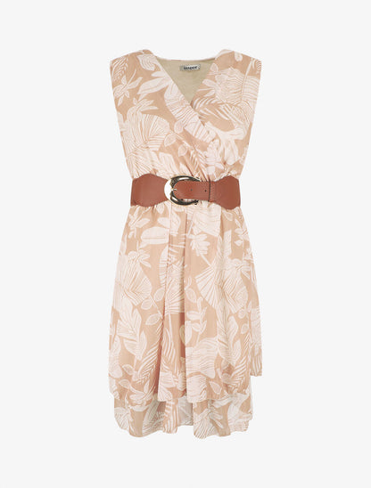 Robe élastiquée sans manches imprimé feuilles - Camel - 1
