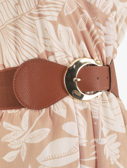 Robe élastiquée sans manches imprimé feuilles - Camel - 3