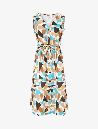 Robe midi droite sans manches imprimé triangles - Camel/bleu - 4