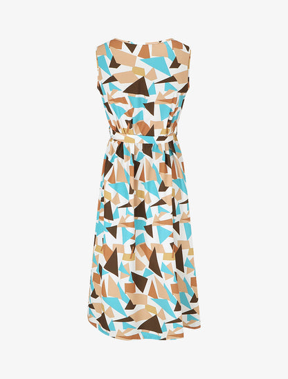 Robe midi droite sans manches imprimé triangles - Camel/bleu - 2