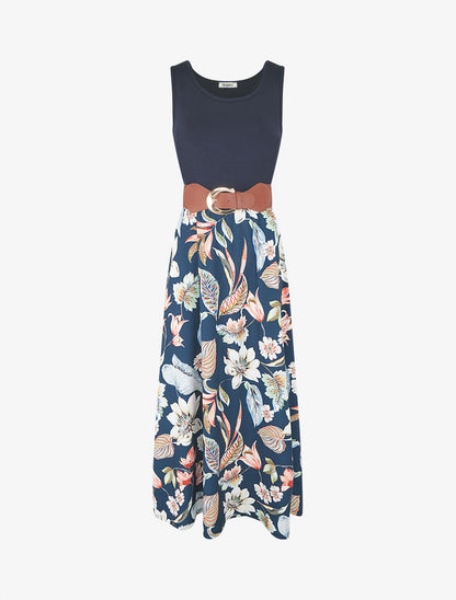 Robe longue à jupe imprimé fleuri - Marine - 8