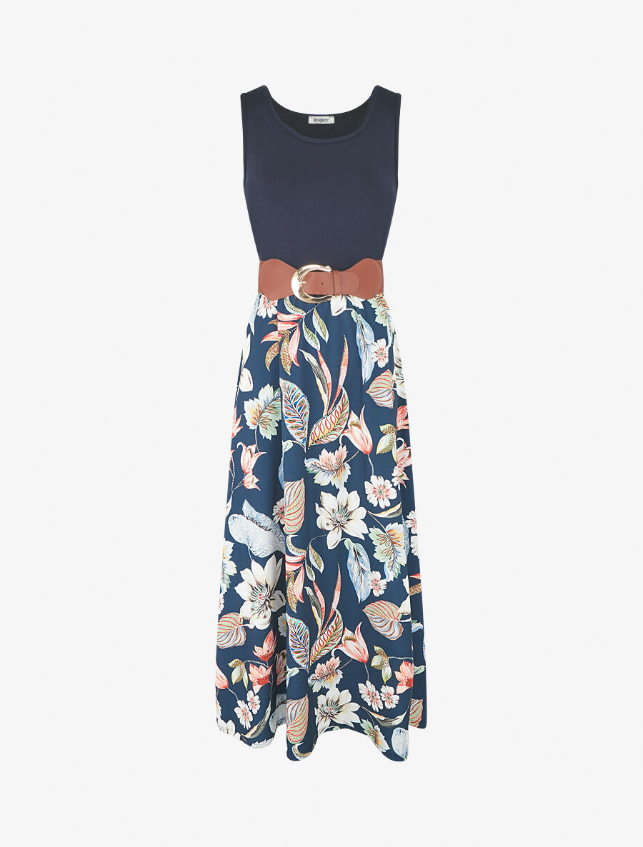 Robe longue à jupe imprimé fleuri - Marine - 7