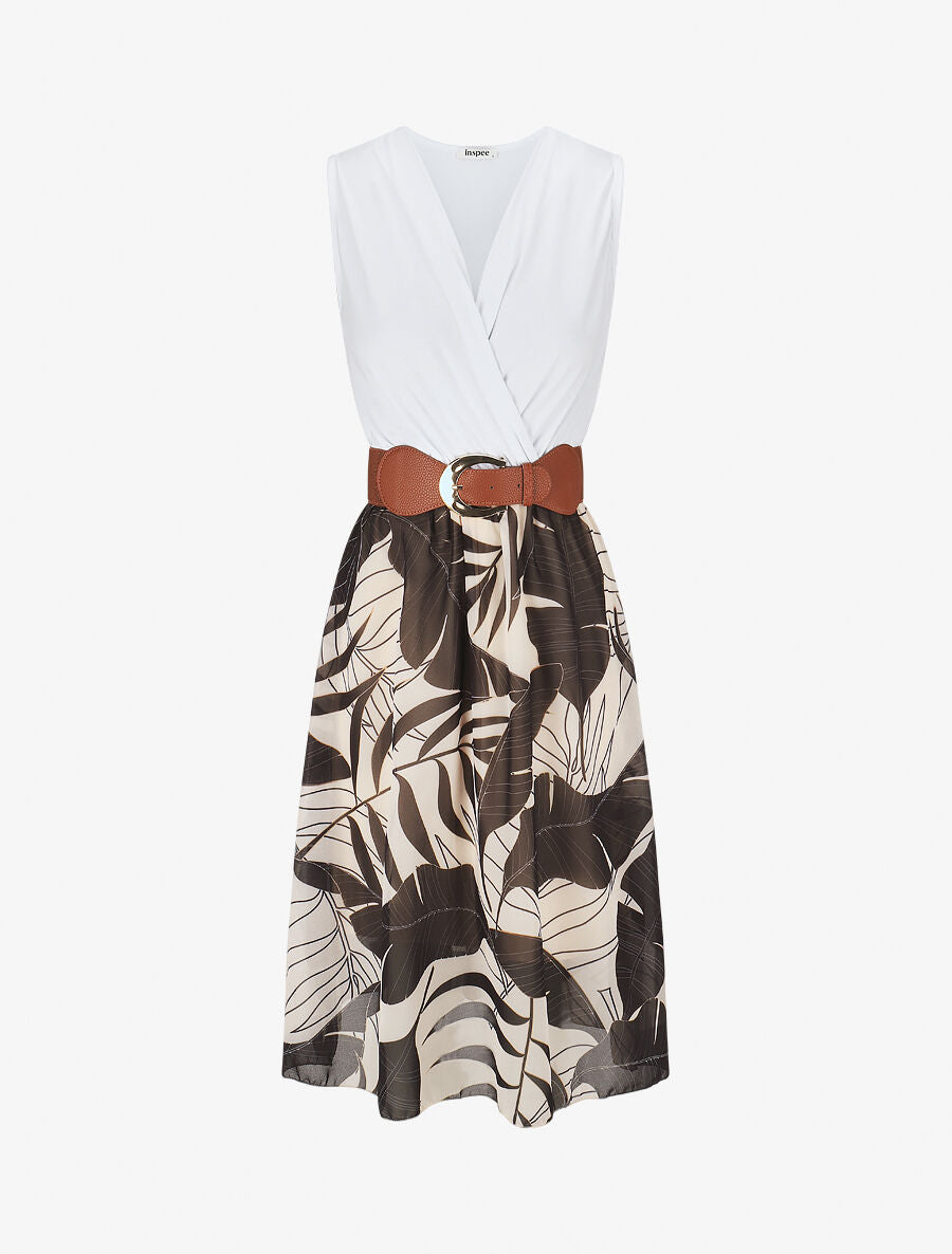 Robe élastiquée à jupe imprimé feuilles - Noir - 4